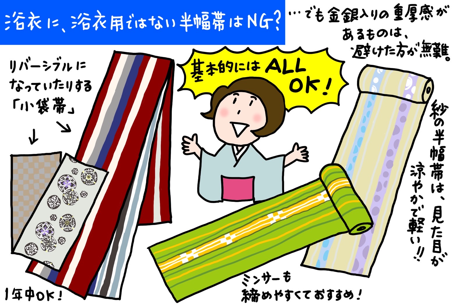 Q19】浴衣に、浴衣用ではない半幅帯はダメですか？  「いまさんの着物お悩み相談室」｜コラム｜きものと（着物メディア）│きものが紡ぐ豊かな物語。－京都きもの市場