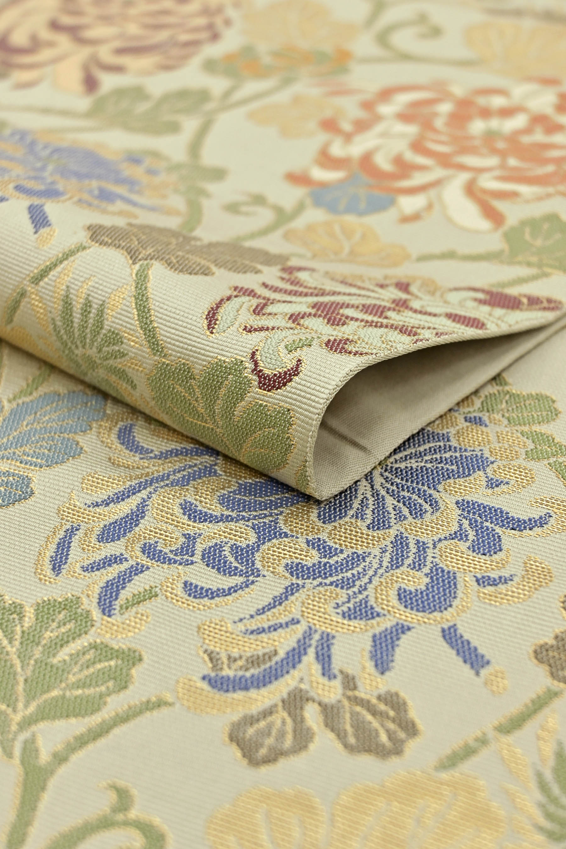 袋帯　色絵磁器菊花図　西陣　となみ織物　仕立て付き　在庫保管品