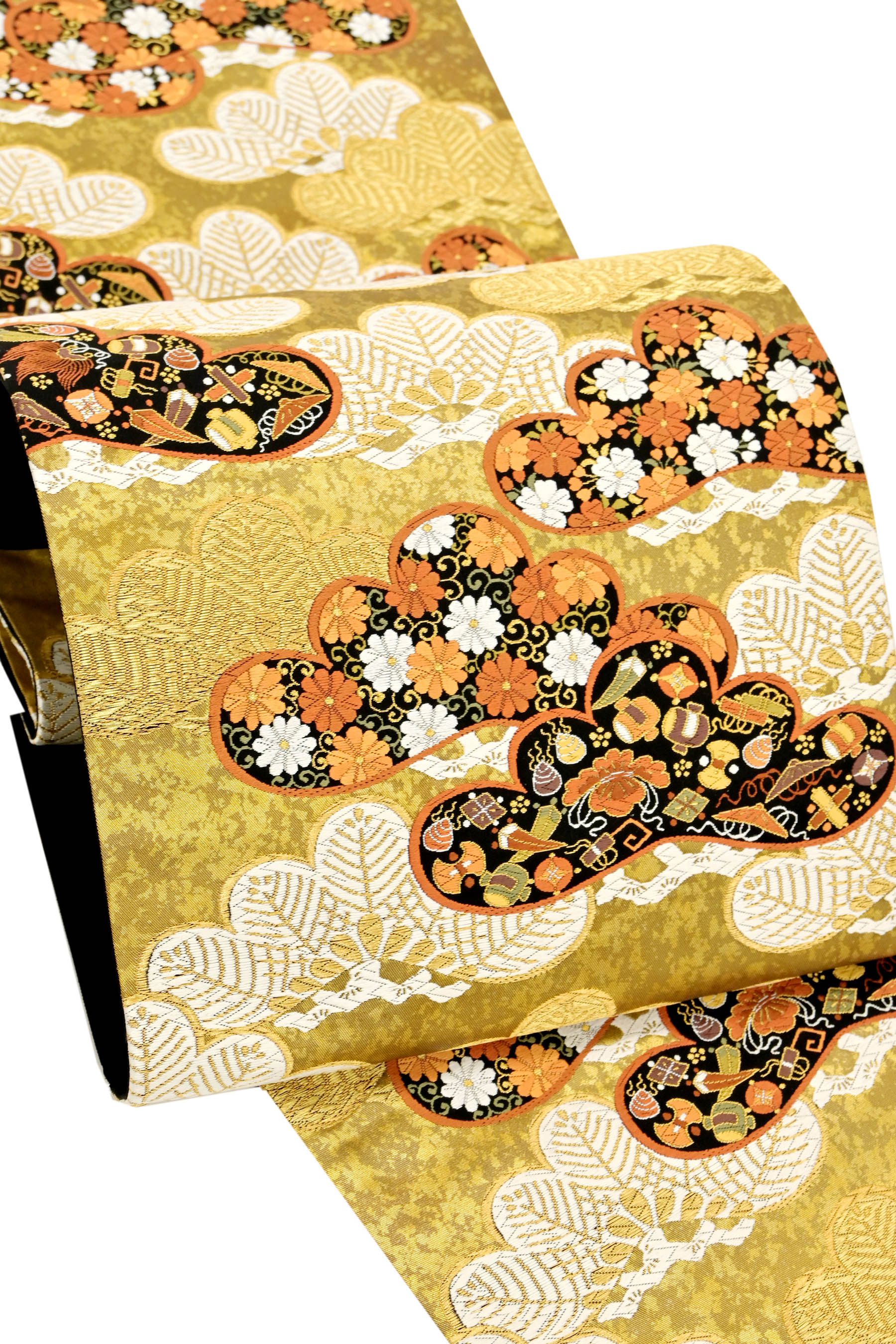 河合美術織物 金色地に雪輪柄の唐織花紋 袋帯 着物-