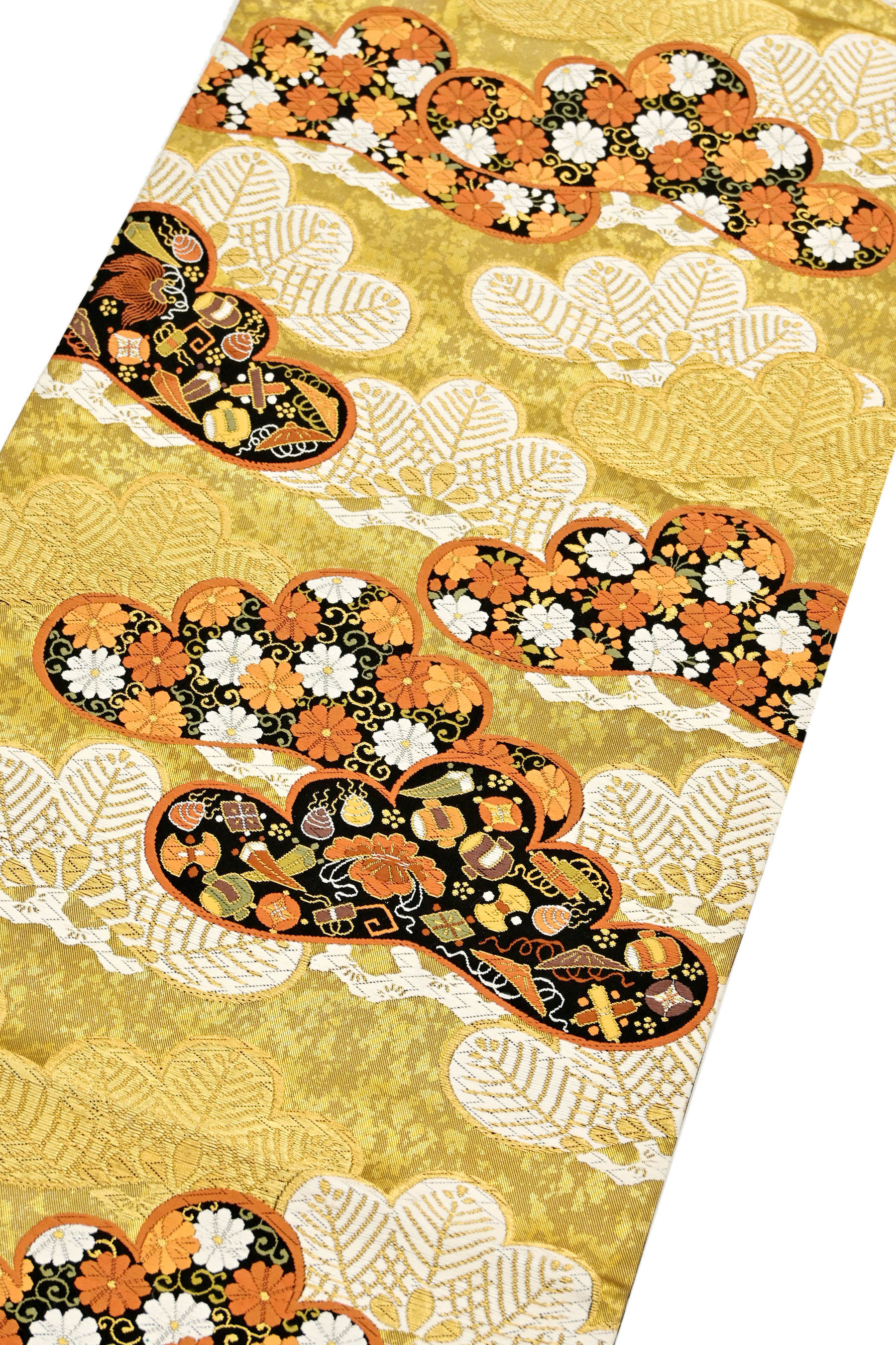 河合美術織物 金色地に雪輪柄の唐織花紋 袋帯 着物-
