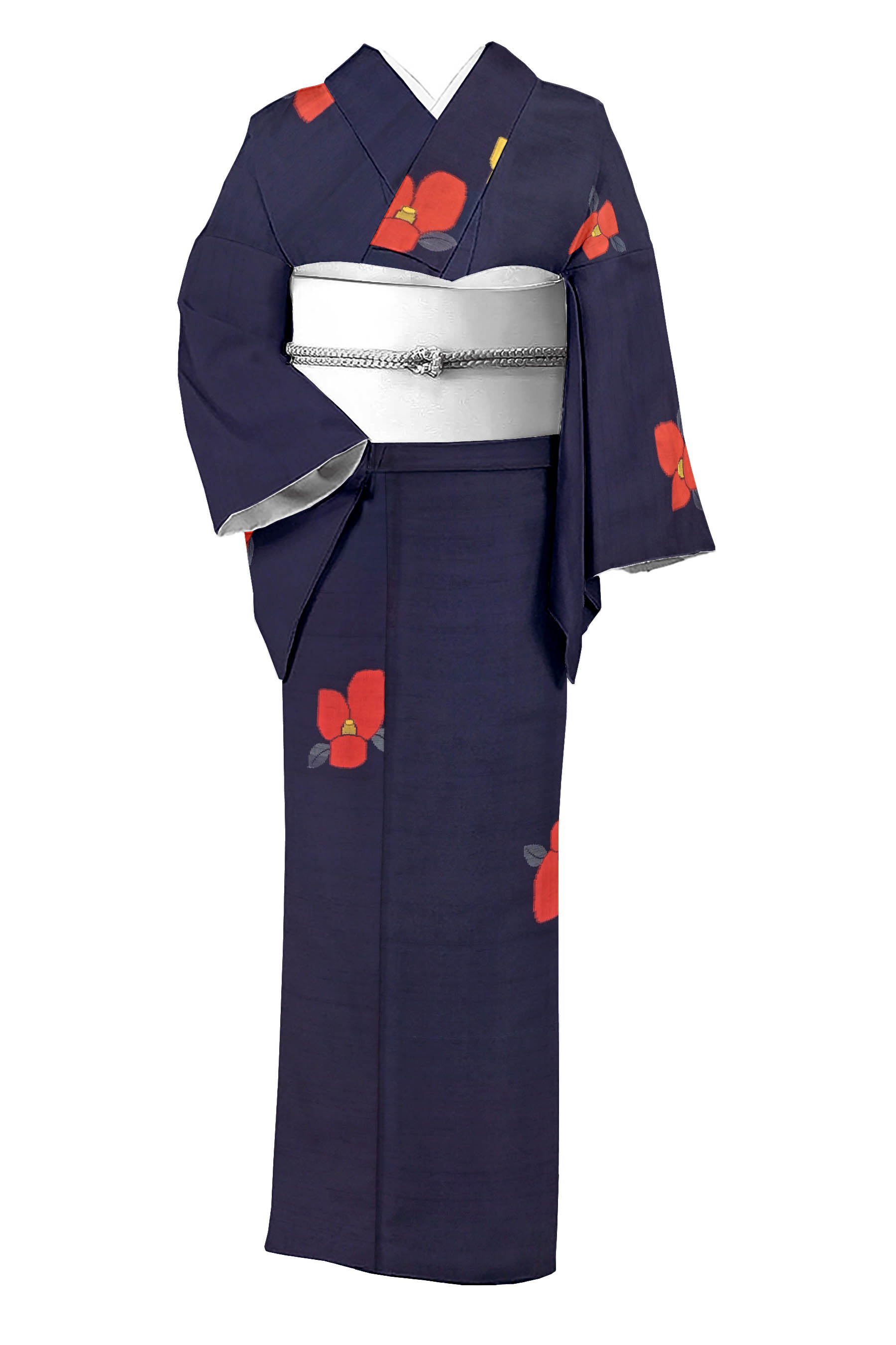 女性用 着物 紬 袷せ 市松 / 身丈160㎝ 裄69.5㎝ /青×黒 未使用695袖丈