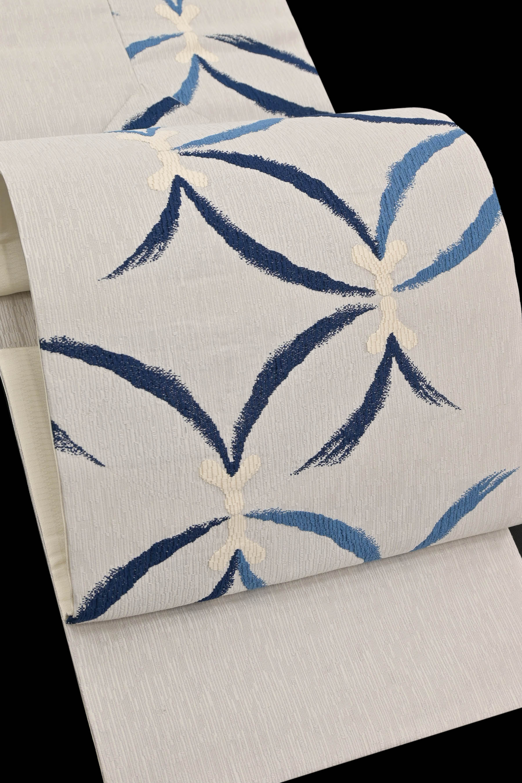 正絹 名古屋帯 花織風西陣織 白×ブルー 新品未使用未仕立て品新品未使用未仕立て品