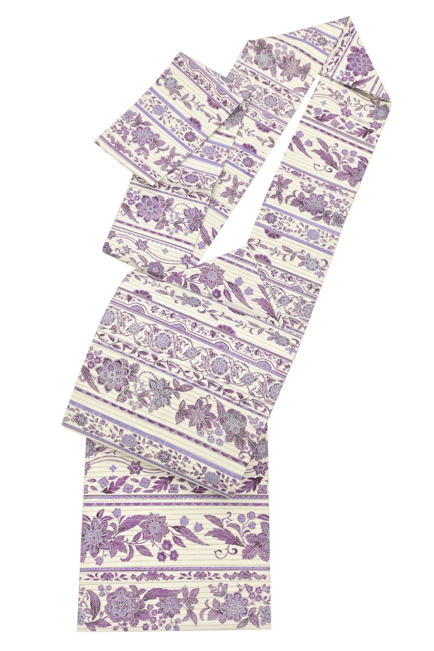 華道お仕立付済 本場縞大島染め九寸名古屋帯 大島紬 証紙あり 白×紫 