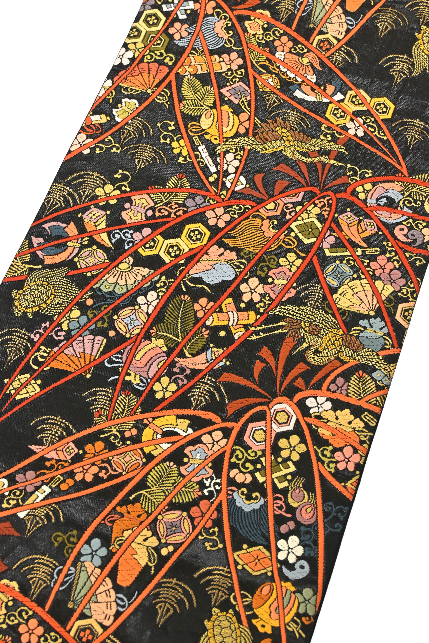 小紋kimonoarisa美品●洒落袋帯●唐織●黒地●山本織物●442㎝●長尺●