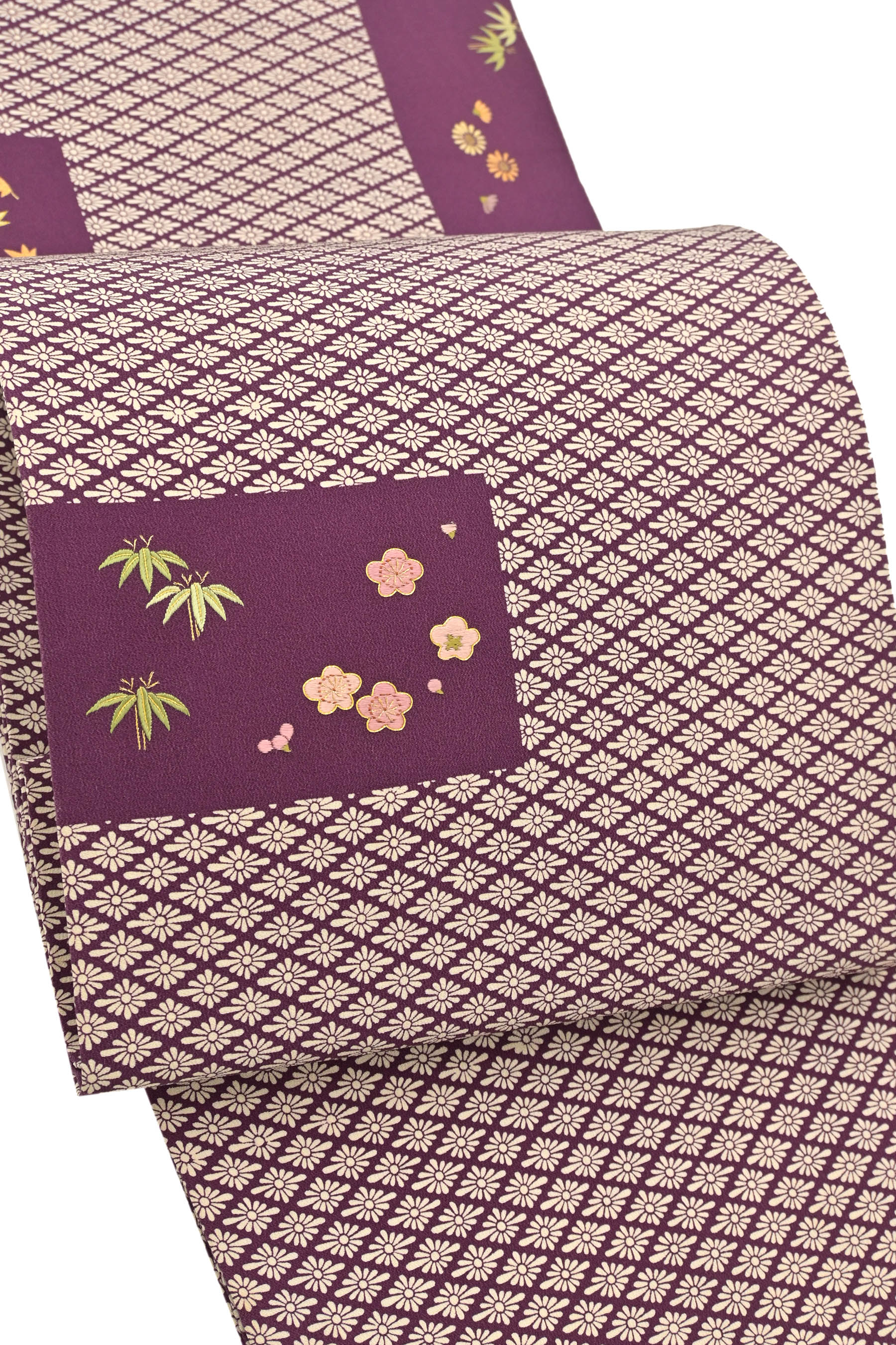 正絹　名古屋帯　濃い紫色　松柄松柄