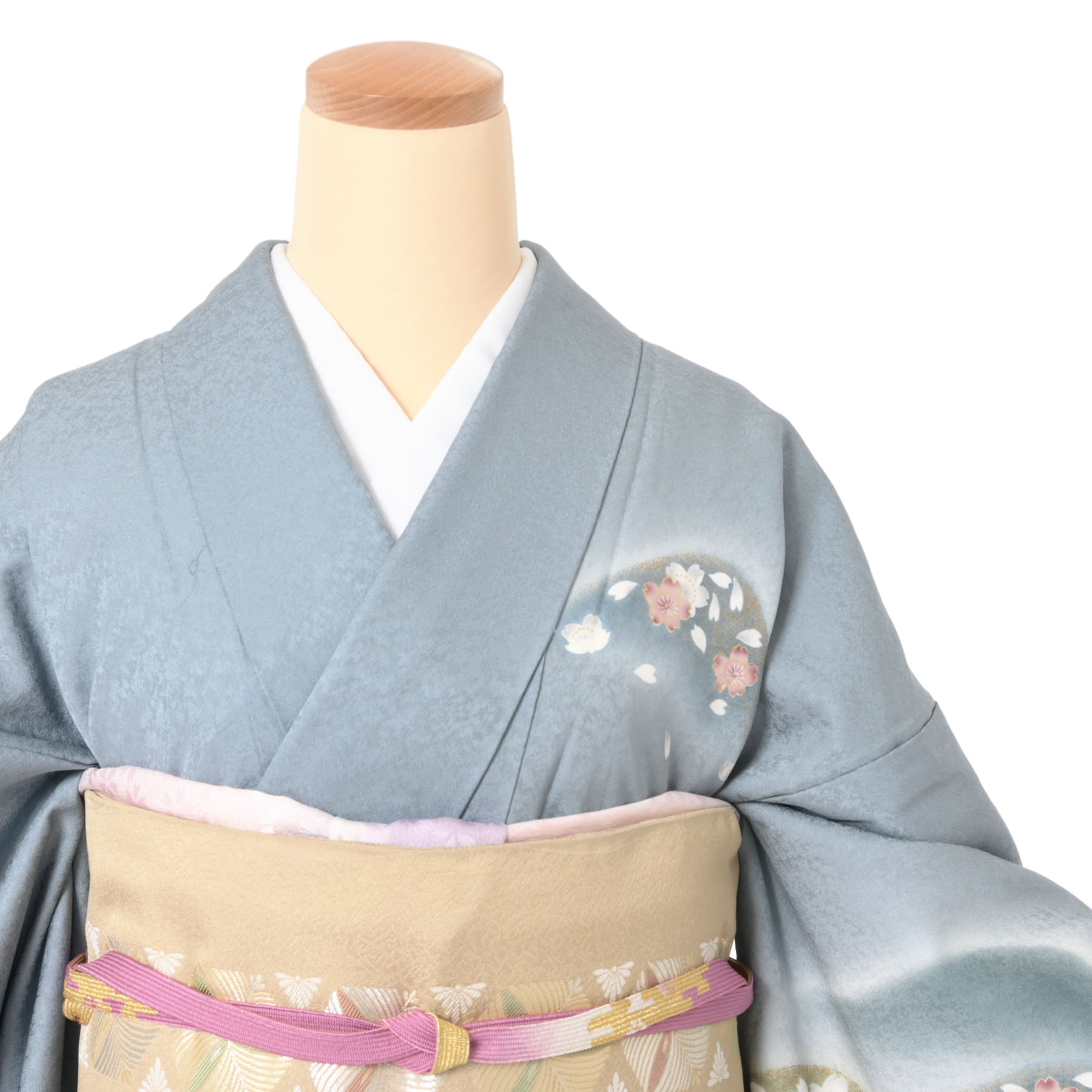 正絹紺色桜訪問着と袋帯・帯揚げ・帯締めの４点フルセット