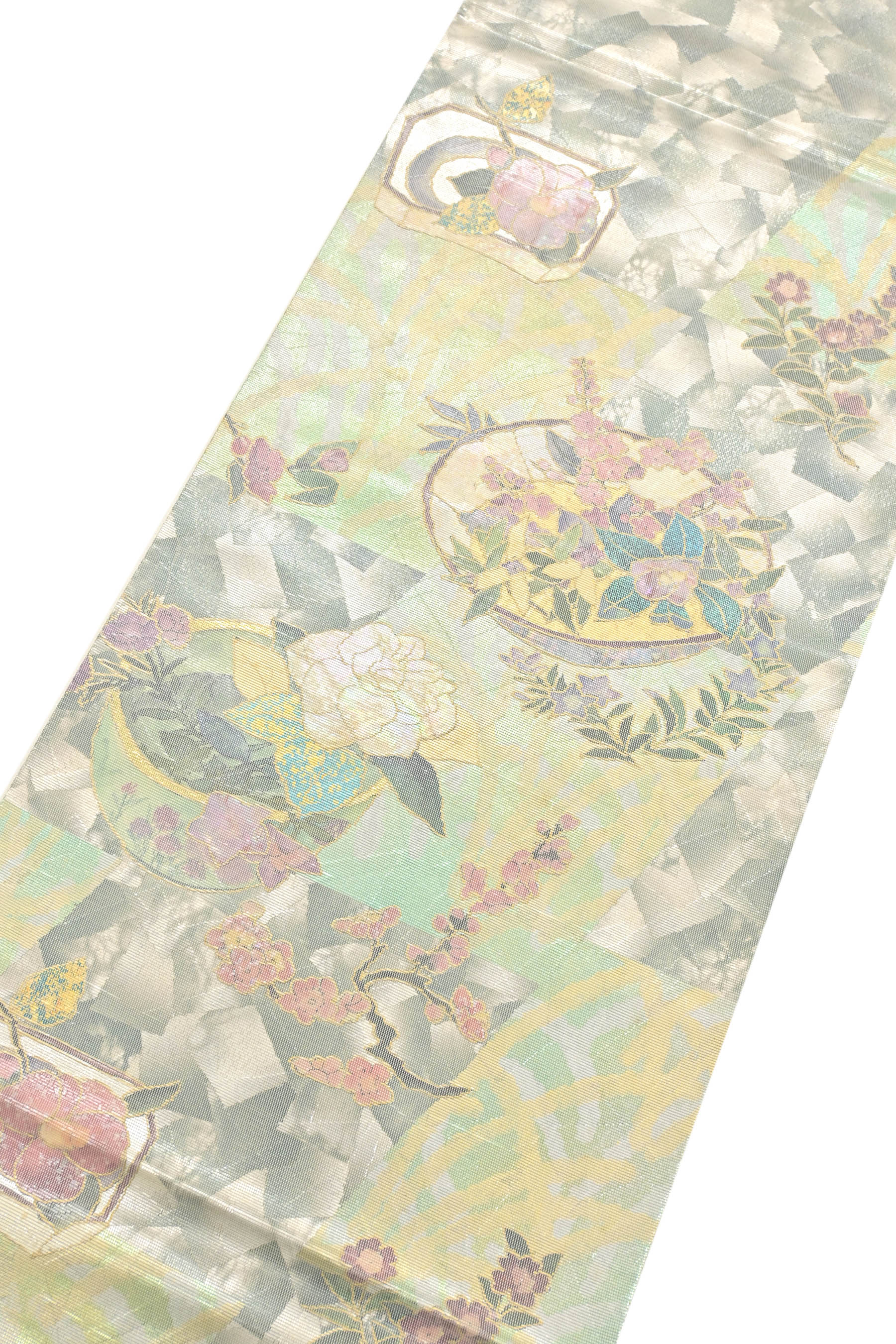 【となみ織物】 特選西陣織螺鈿箔袋帯 「四季花かご」 独特のムード、螺鈿の輝き… ドレッシーに装う一本！ 長期在庫処分価格！