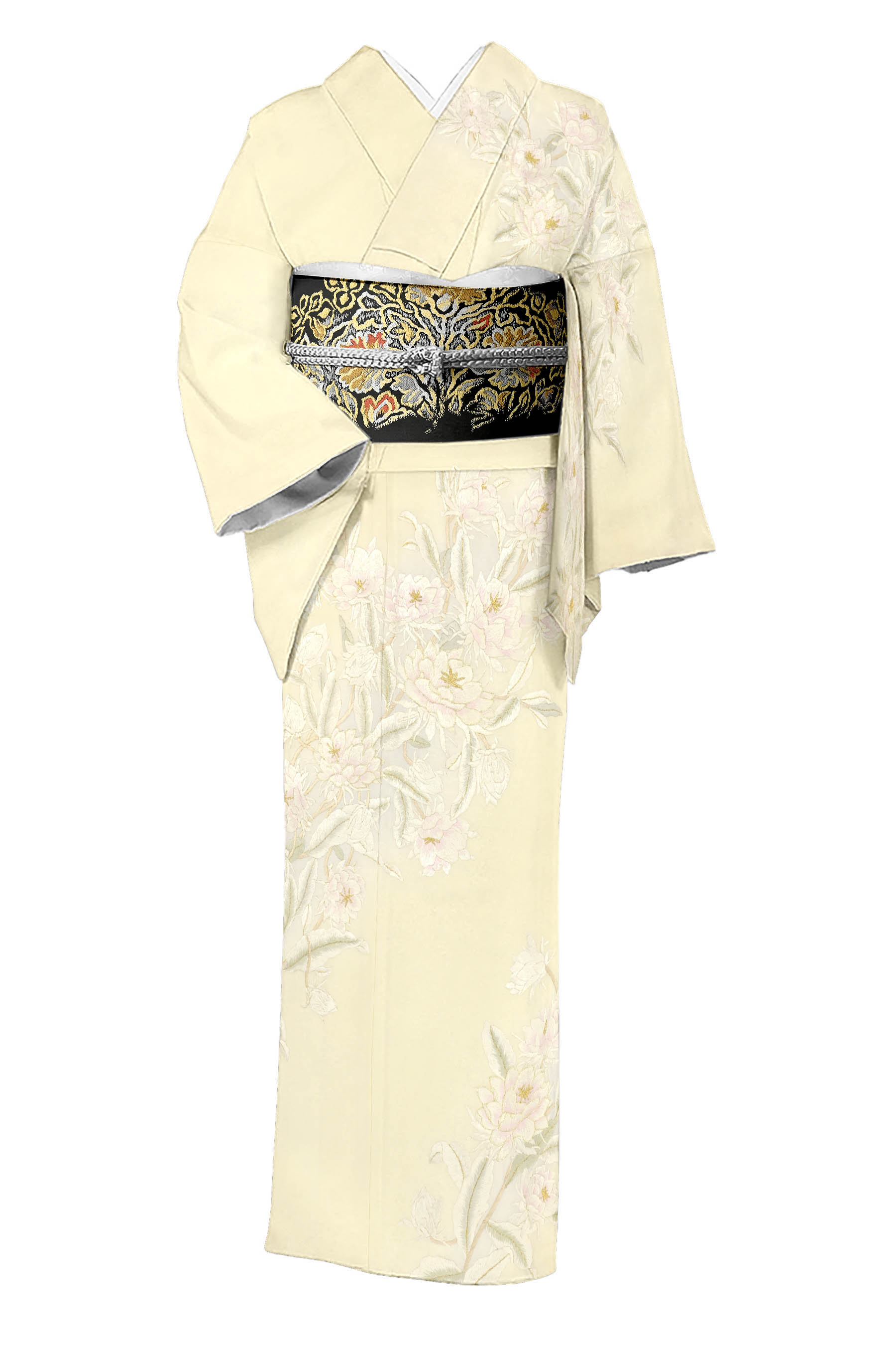 正絹 袋帯 全通柄 中国刺繍 絽刺し 唐草 花 図案 豪華絢爛 - 着物
