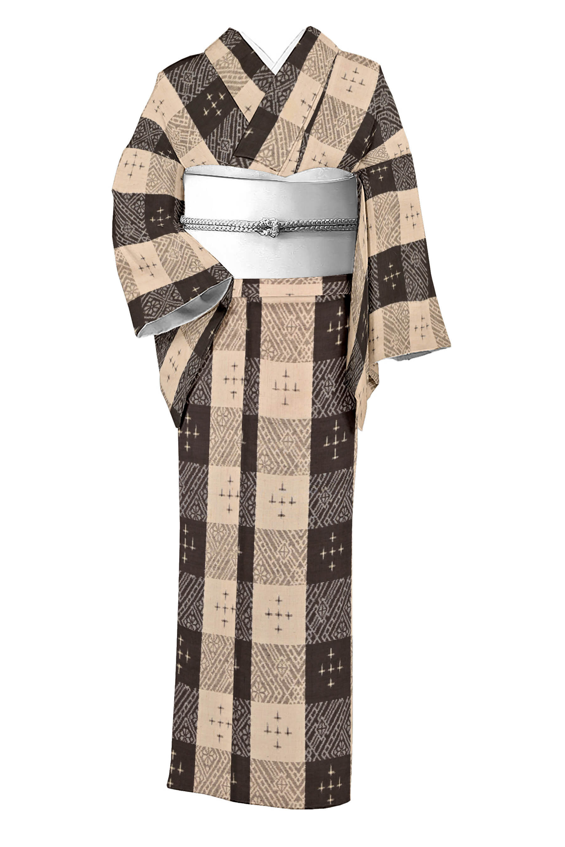 十字絣 紬 シンプル 正絹 X026 - 着物・浴衣