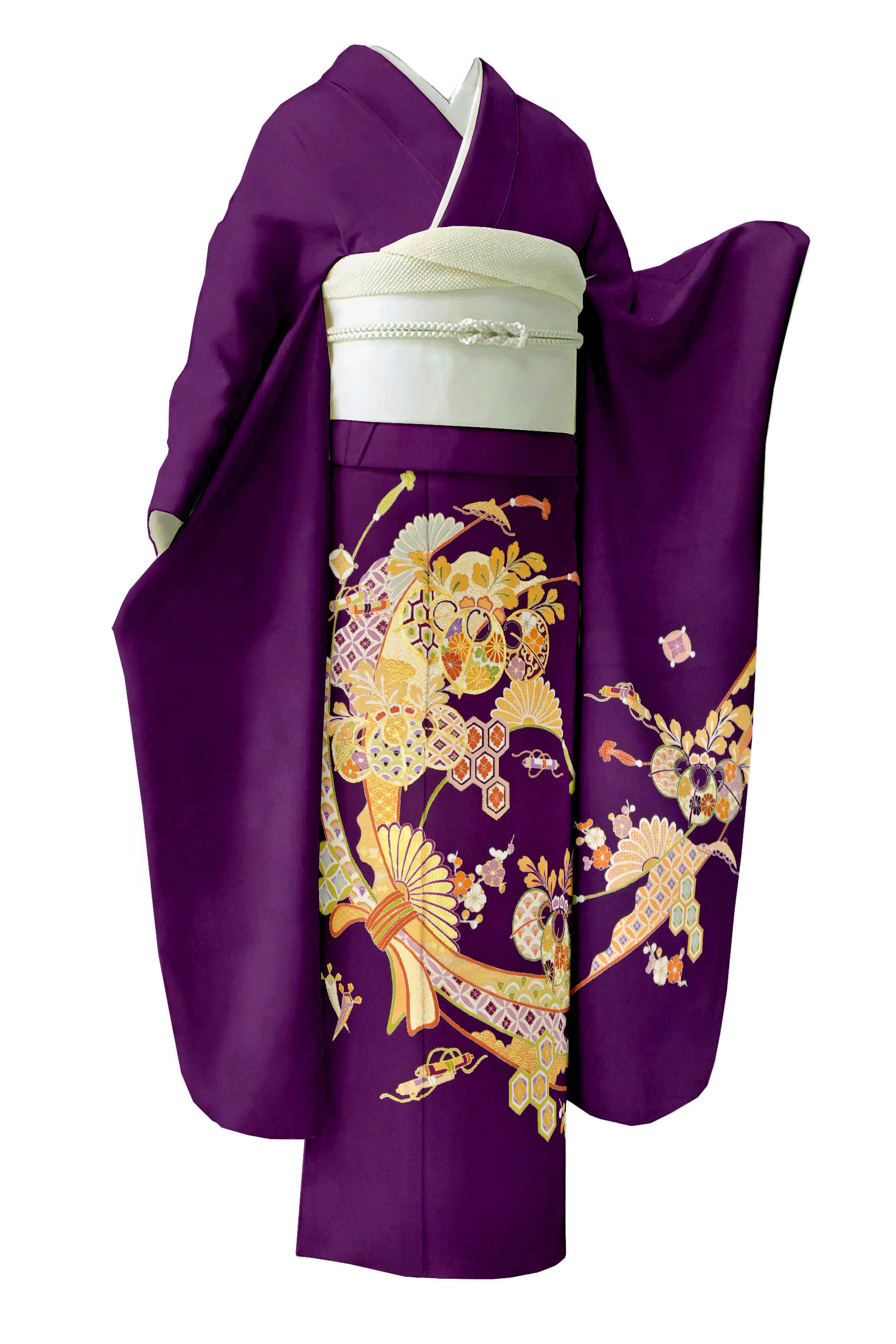 高島屋誂え 千總 濃紫 絞り刺繍 逸品振袖 川島織物袋帯フルセット - 振袖