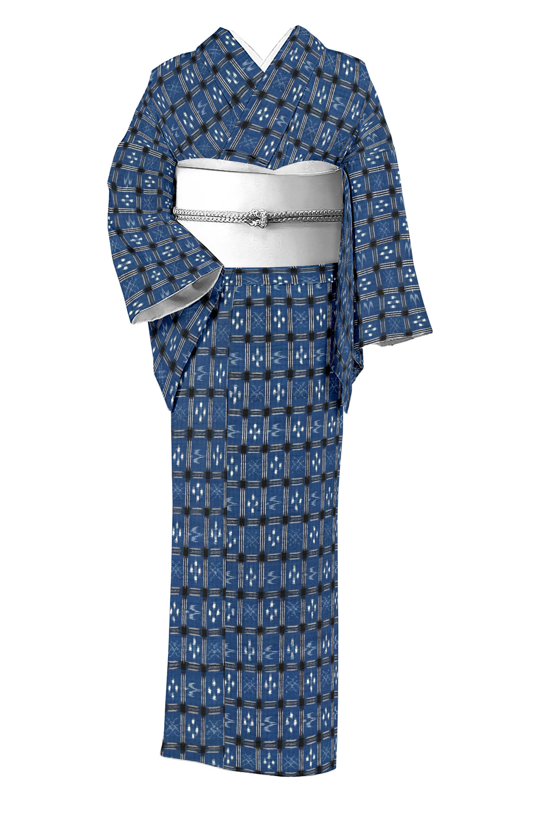 5,852円超美品　本場琉球かすり 絹　袷　着物 伝統工芸品 絣　164 紺　シンプル