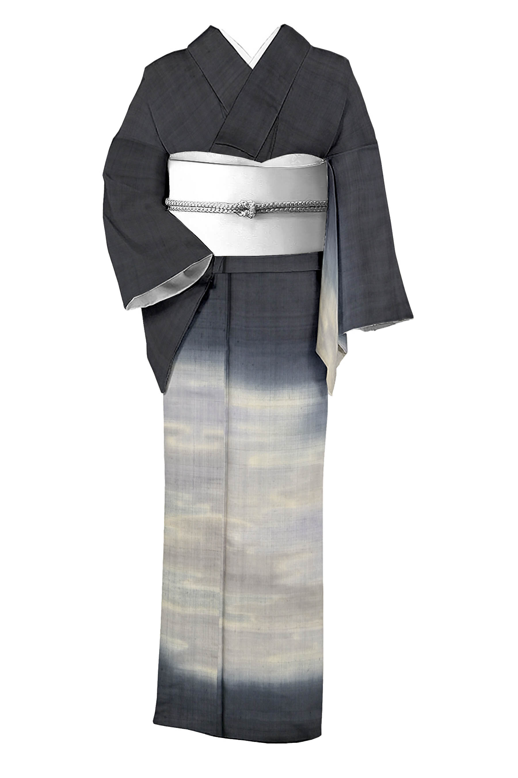 着物　絣　単　ひとえ　縦縞　黒　紬　ぼかし染め　正絹　仕立て上がり　洗い済みファッション
