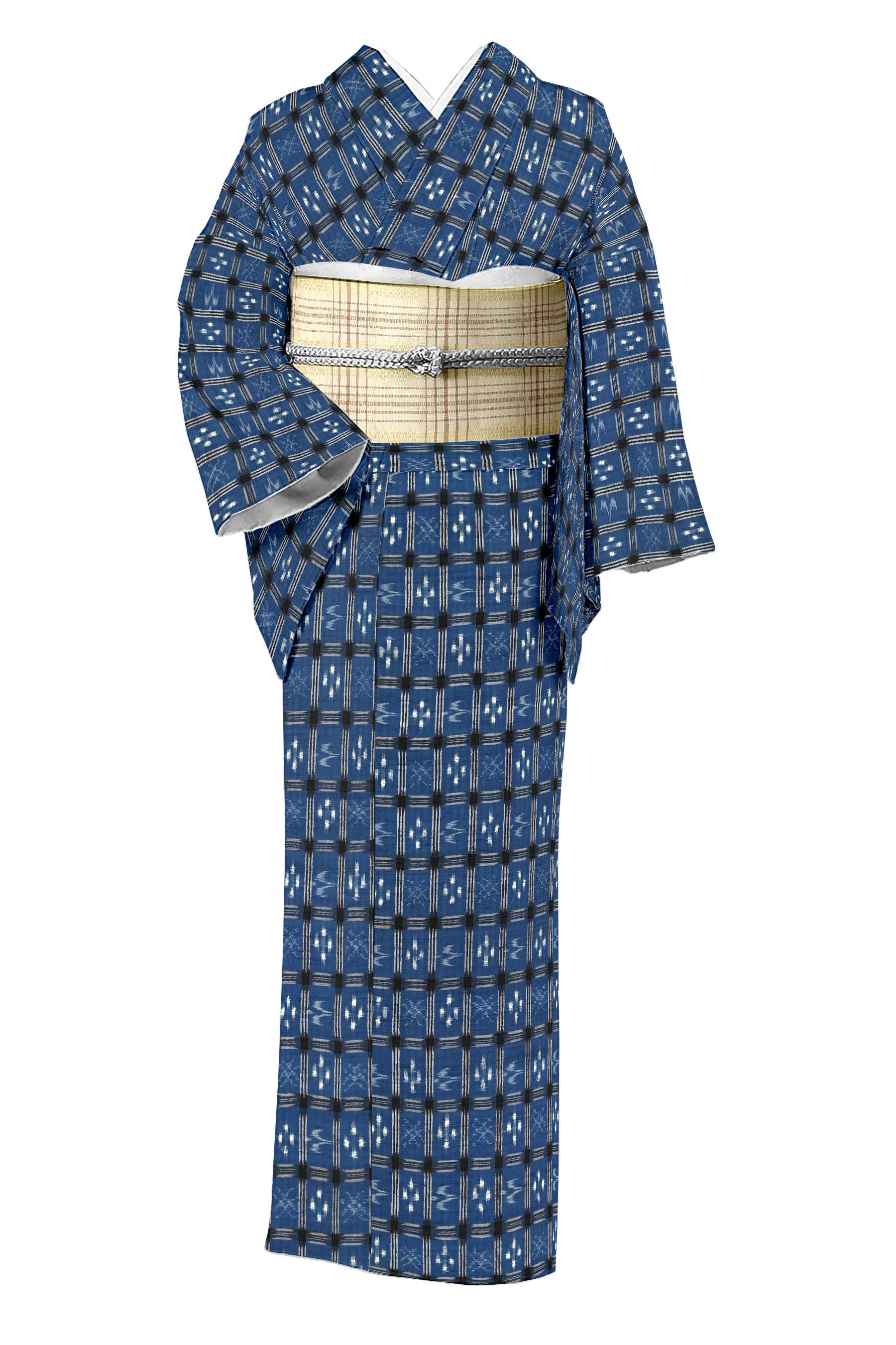 正絹手縫い 琉球絣の作務衣着物 フリーサイズ - 素材/材料