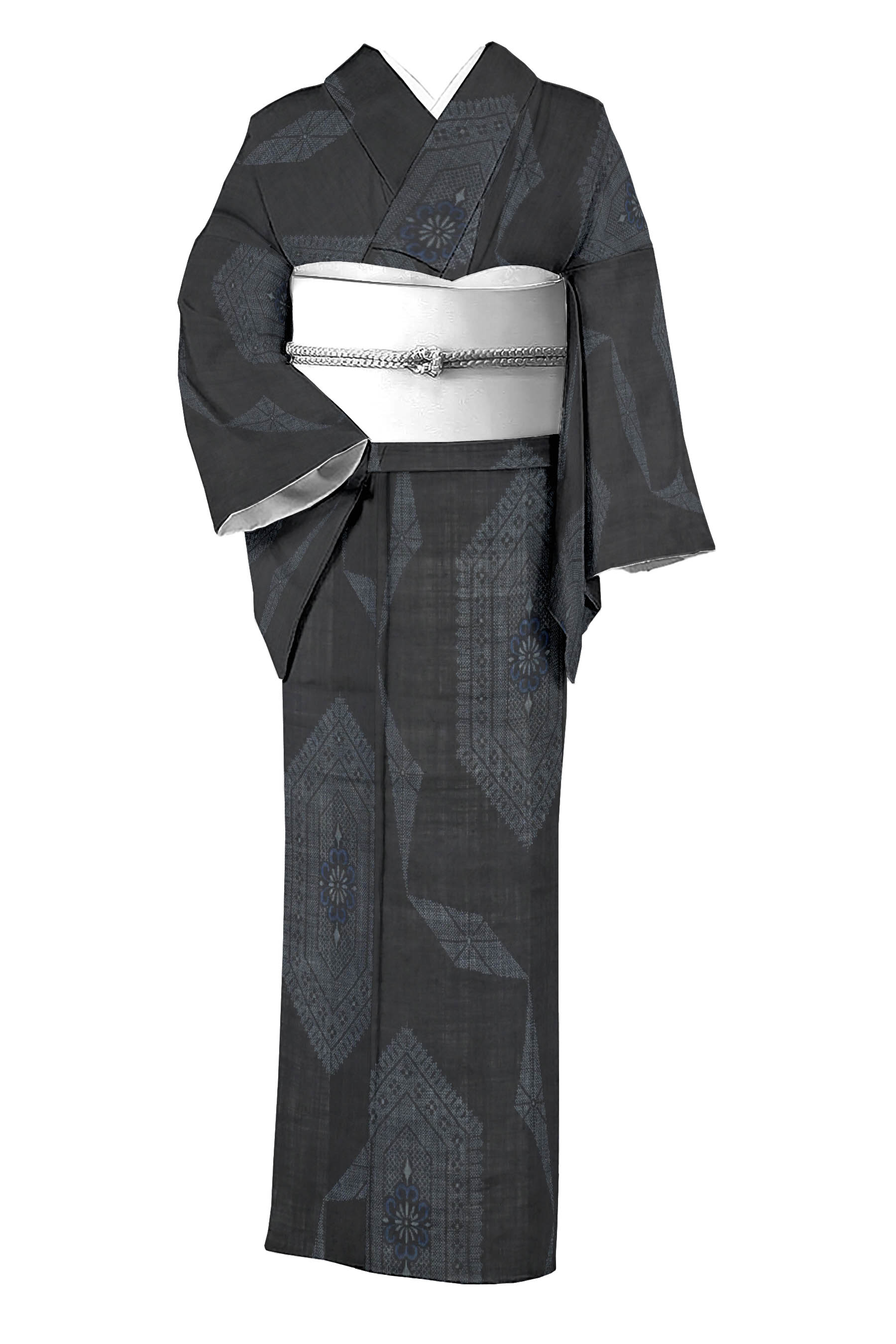 独創的 夏用 宮古上布 絣と四角模様の小紋 着物 レディース